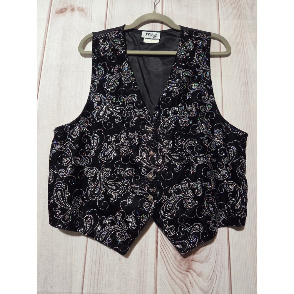 Miz California Vintage Velvet Paisley Glitter Vest Black Silver  Button M